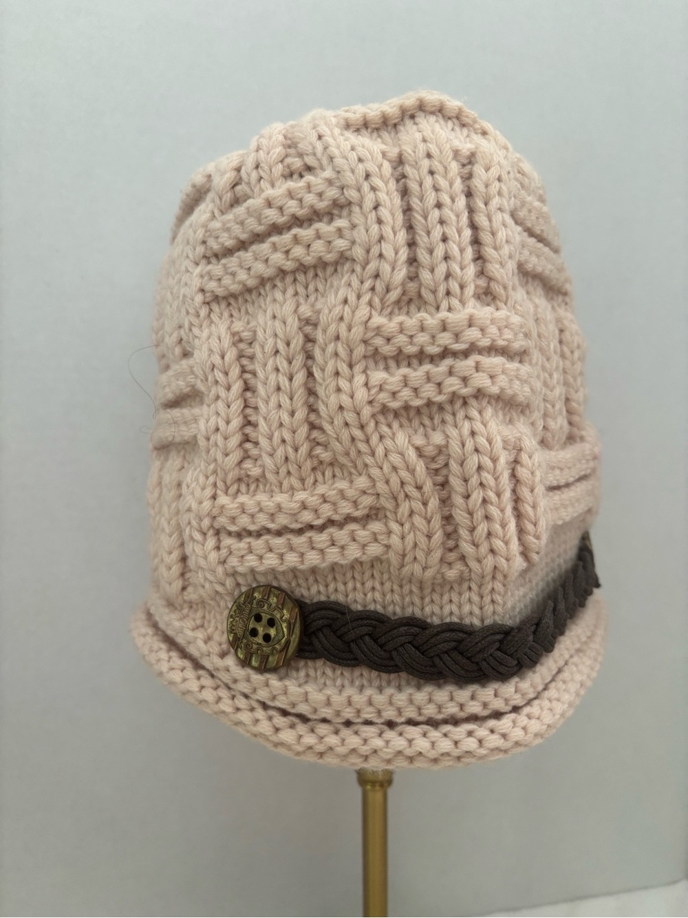 Hand Crafted Pink and beige hat bundle Knit Braided Band Beanie